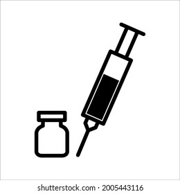 Icono vector de la jeringa y botella de medicina. Los médicos utilizan frecuentemente jeringas y medicamentos para prevenir y tratar enfermedades malignas.
