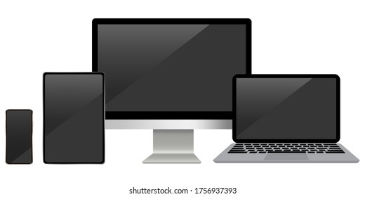 Vector icon of tablet and computer and laptop and phone. Template set of electronic devices.