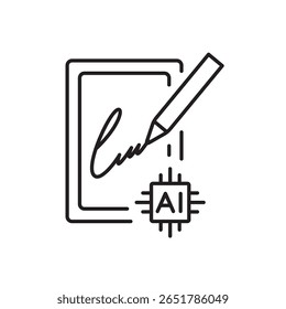 Um ícone vetorial de um tablet com assinatura digital e chip de IA, representando a verificação de assinatura eletrônica usando inteligência artificial, criado em estilo de linha com traço editável