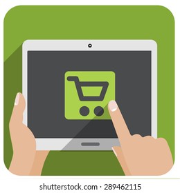 vector icon of the tablet, hands and online store in flat style