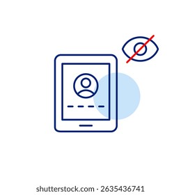 Vector icon tablet login screen with user, password field, and crossed-out eye, symbolizing hidden password, secure access, and privacy protection. Ideal for authentication apps, security platforms, a