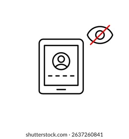 Vector icon of tablet login screen with user, password field, and crossed-out eye, symbolizing hidden password, secure access, and privacy protection. Ideal for authentication apps, security platforms