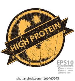 Vector : Icon, Tag, Sticker, Label or Badge For Healthy Product or Product Information Present By Black and Orange Grunge Style Icon With High Protein Ribbon and High Protein Sign Isolated on White
