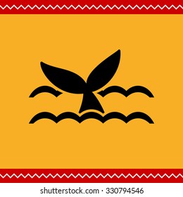 Vector icon of tail of fish diving into water above waves