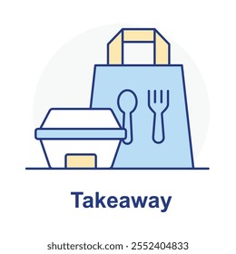 Vector icon for takeaway service. Features food containers and utensils, symbolizing to-go meals from restaurants.