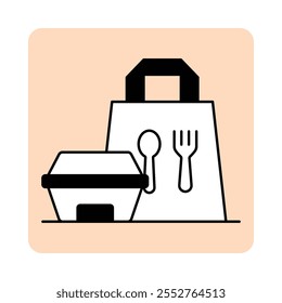 Vector icon for takeaway service. Features food containers and utensils, symbolizing to-go meals from restaurants.