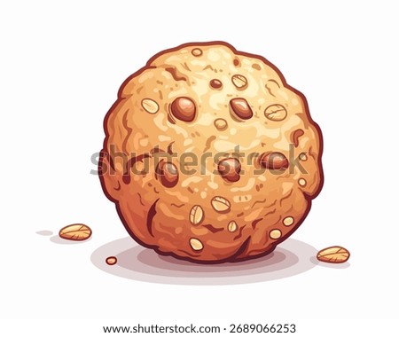 Vector icon of tasty oatmeal cookie with golden-brown color and crumbly texture. Scattered oats lay around the cookie cartoon illustration on white background, cookies inviting shape and details