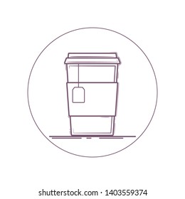 Vector icon of tea cup. Take away, to go. Line icon in circle. Isolated on white background.