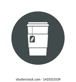 Vector icon of tea in a cup for take away. Trasparent, no fill on cup. Isolated in circle.