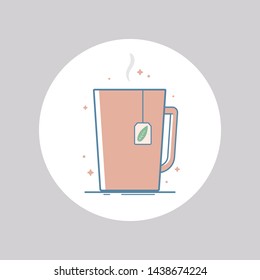Vector icon of tea in a mug with tea bag label. Isolated in circle. Flat design.