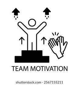 Vector icon for team motivation. Line art of a group achieving success together, symbolizing collaboration and morale.