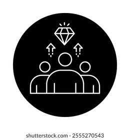 Vector icon for team motivation. Outline icon depicting a group of people with a diamond and upward arrows, symbolizing team success and encouragement.