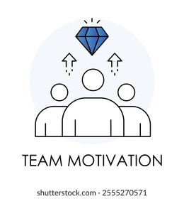 Vector icon for team motivation. Outline icon depicting a group of people with a diamond and upward arrows, symbolizing team success and encouragement.