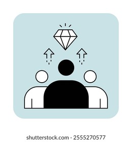 Vector icon for team motivation. Outline icon depicting a group of people with a diamond and upward arrows, symbolizing team success and encouragement.