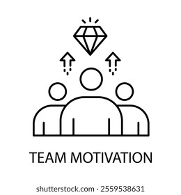 Vector icon for team motivation. Outline icon depicting a group of people with a diamond and upward arrows, symbolizing team success and encouragement.