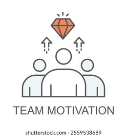 Vector icon for team motivation. Outline icon depicting a group of people with a diamond and upward arrows, symbolizing team success and encouragement.