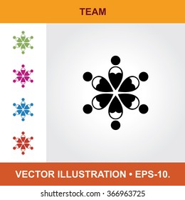 Vector Icon Of Team With Title & Small Multicolored Icons. Eps-10.