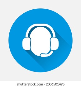 Vector icon of technical or social support service by phone icon on blue background. Flat image with long shadow.
