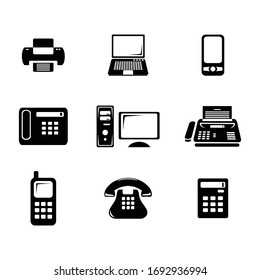 Vector icon of technological equipment, consisting of laptops, computers, calculators, printers, telephones, smartphones.