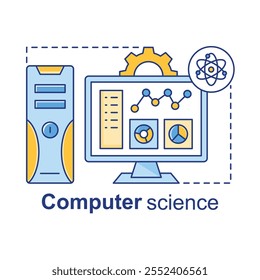 Vector icon for Technology and Computer Science. Displays a desktop, data charts, and atom imagery highlighting modern technology.