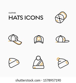 Vector icon templates of winter hats and summer caps. Set of clothes with orange elements.