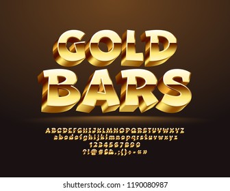 Vector Icon with text Gold Bars. Stylish bright 3D Font. Chic Alphabet Letters, Numbers and Symbols