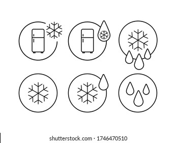 Vector-Symbol. Symbole, die gedünstet und gefroren sind. Bild eines Wassertropfens mit Schneeflocke und Kühlschrank. Line-Symbol