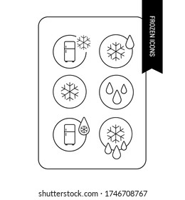 Vector icon. Thawed and frozen symbols. Image of a drop of water with a snowflake and a fridge. Line icon.