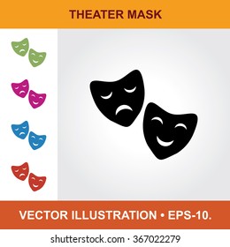 Vector Icon Of Theater Mask With Title & Small Multicolored Icons. Eps-10.