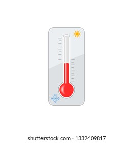 Vector icon thermometer glass bulb, cold, snowflake, the warmth of the sun, the scale of measurement. Element isolated on light background. Eps.