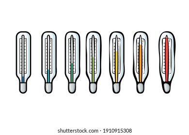 Icono vectorial de termómetros con diferentes temperaturas. Termómetros con todos los colores del arcoiris. Imagen de vector aislada en fondo blanco