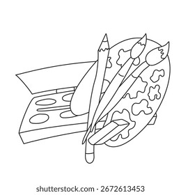 Vector icon, thin linear outline, black stroke. Coloring page for children. Paints for drawing, pencil, brushes, palette, children's creativity, school, stationery.