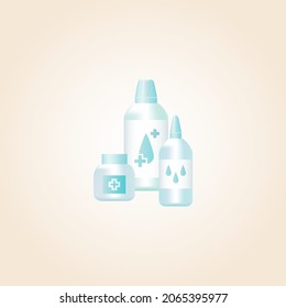 Icono vector de tres botellas azules con productos químicos para un tratamiento de agua. Ilustración aislada realista de tubos plásticos con cruces y gotas en las etiquetas para la limpieza acuática