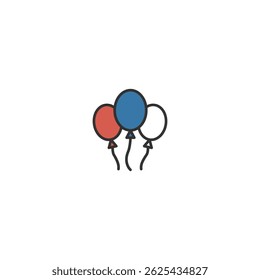 Vector icon of three festive balloons in red, white, and blue representing the American flag colors.