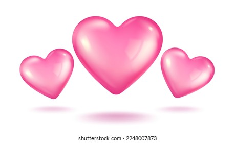 Icono vectorial de tres corazones rosados para el Día de San Valentín con un estilo 3d realista. Pancarta vectorial realista con corazón sobre fondo blanco.