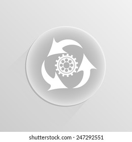Vector icon three rotating arrow around cogwheel on a white button with shadow