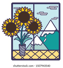
Vector icon with three sunflowers standing on the windowsill. Outside the window is a mountain landscape.