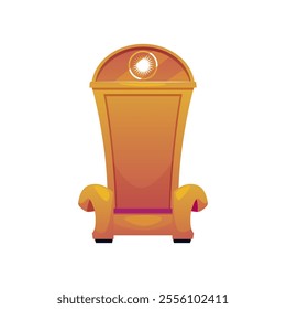 A vector icon of the throne made of gold with an emblem in the form of the sun on a white background. Cartoon style design for games or mobile apps