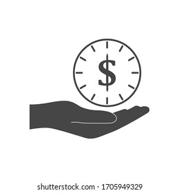 El tiempo del icono del vector es el dinero con la mano sobre fondo blanco aislado. 