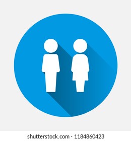 Vector icon of toilet and bathroom on blue background. Flat image plate on the door wc  with long shadow. Layers grouped for easy editing illustration. For your design.