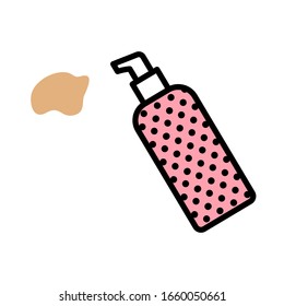 Frasco de crema de tono vectorial con bomba de estilo plano con trazo negro, relleno rosa y blanco y textura de círculos para el diseño. Contenedor de maqueta con dispensador. la botella de crema de tono deja una mancha beige