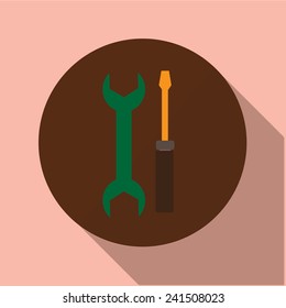 Vector icon of "tools" on a brown circle with a long shadow 