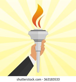 Vector icon Torch in hand at the grand background. Hot flame, power flaming, heat and liberty, victory success, glow triumph illustration.