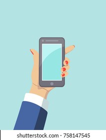 Vector icon of touch mobile phone in hand in flat style on blue background. Means of communication. Cartoon illustration for advertisement, web sites, banners, infographics design.