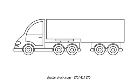 Vector icon of a tractor with a trailer. Simple design, an empty outline isolated on a white background. Design for coloring books, websites, and apps