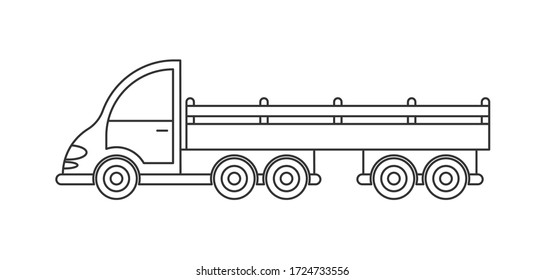 Vector icon of a tractor with a trailer. Simple design, an empty outline isolated on a white background. Design for coloring books, websites, and apps
