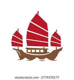 Vector icon of a traditional Hong Kong junk boat with red sails and brown hull, isolated on white background. Ideal for travel, nautical, Asian culture, maritime tourism, and heritage design.