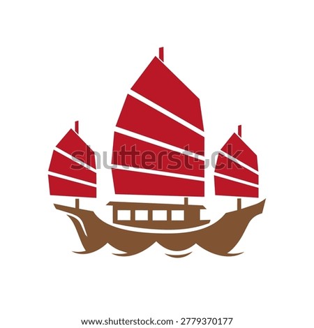 Vector icon of a traditional Hong Kong junk boat with red sails and brown hull, isolated on white background. Ideal for travel, nautical, Asian culture, maritime tourism, and heritage design.