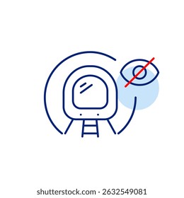 Vector icon of train entering tunnel with crossed-out eye, symbolizing hidden route, invisible tracking, or privacy mode. Ideal for transportation apps, navigation systems, and privacy settings