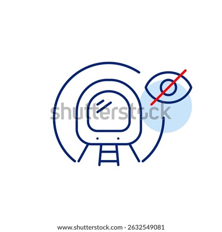 Vector icon of train entering tunnel with crossed-out eye, symbolizing hidden route, invisible tracking, or privacy mode. Ideal for transportation apps, navigation systems, and privacy settings